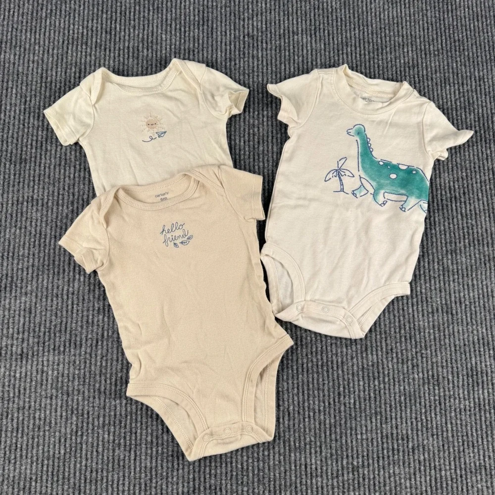 Carters Baby Bodysuit Lot 3 Dinosaur Sunshine Hello Friend 6M 9M Beige‎ 478 Tan
